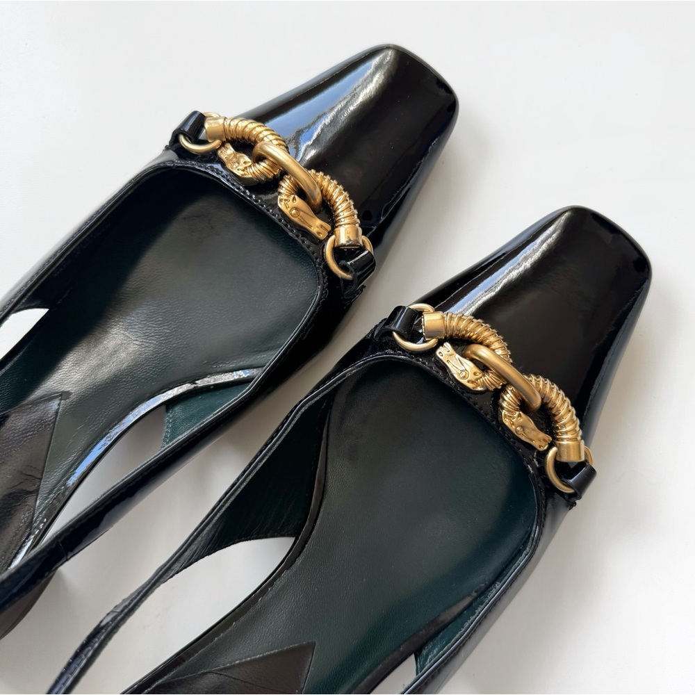 Tory Burch Jessa 55mm Slingback Heels Patent Leather Block Heel Gold Rams Chain - Picture 5 of 11